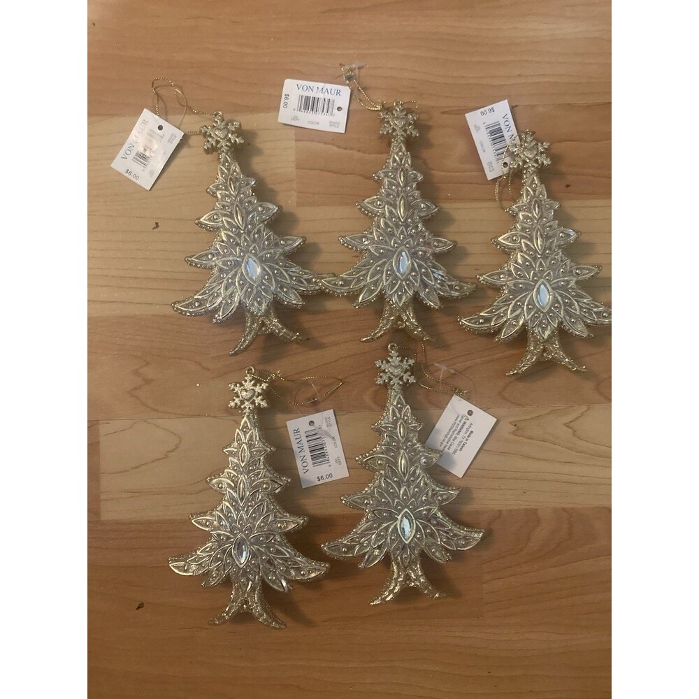 5 Von Maur Luxury Gold Christmas Tree Ornaments Filigree Rhinestone Holiday NWT